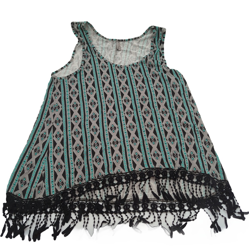 Vanity Womens 2XL Geometric Tribal Print Tank Top Black Turquoise Fringe Lace